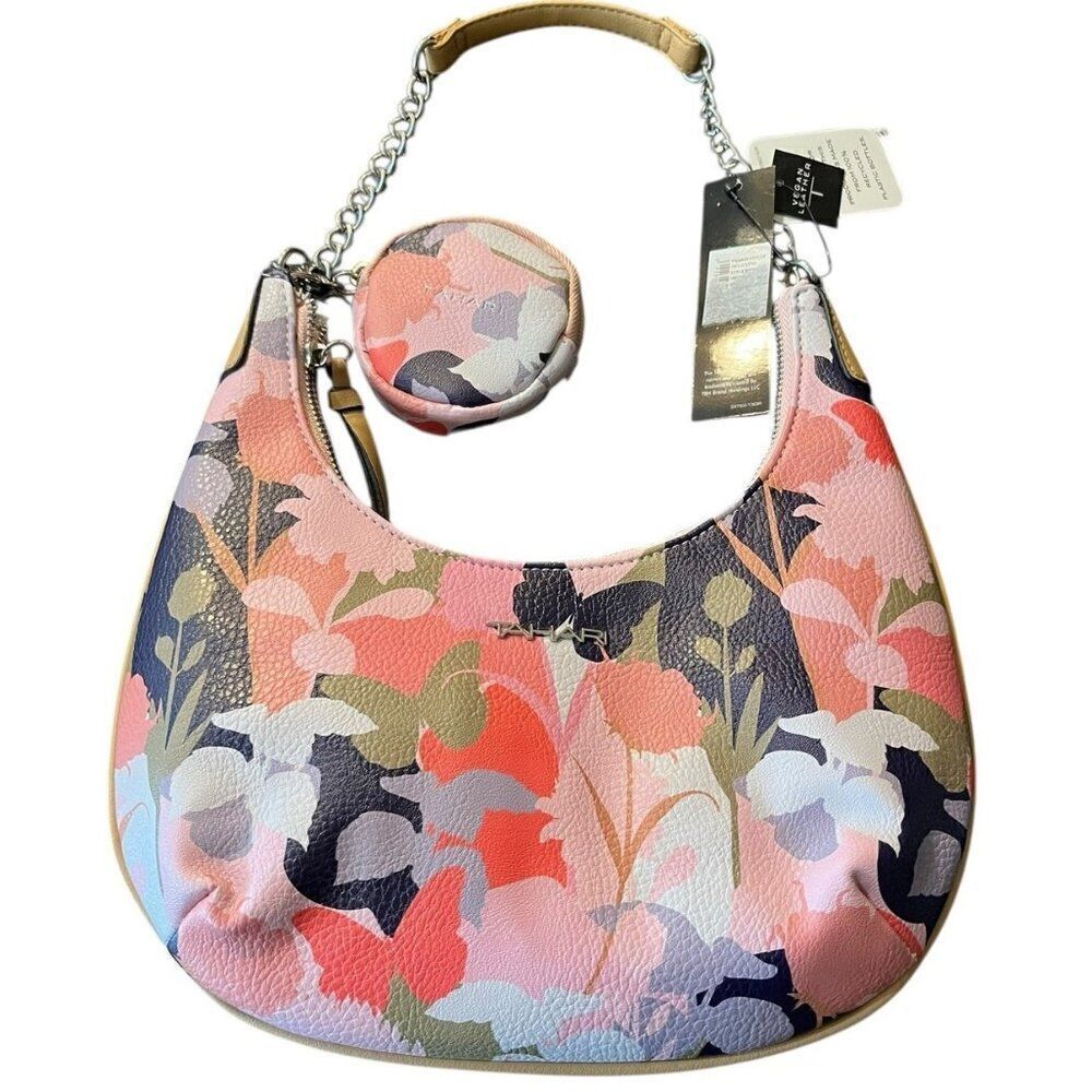 Tahari Karla Floral Pink Green Hobo Shoulder Bag With Coin Pouch Vegan NWT